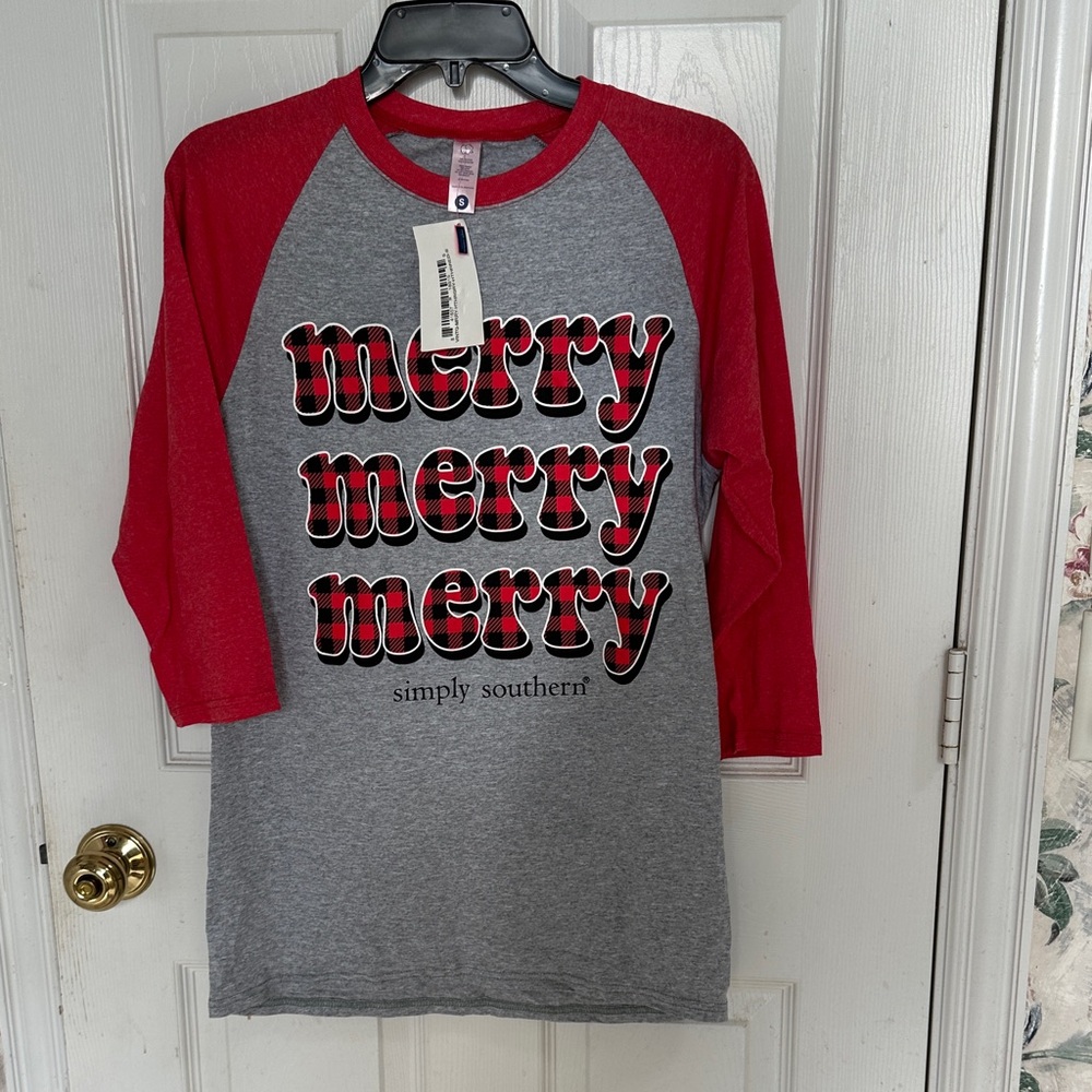 NWT Simply Southern Women’s Red and Gray Merry Raglan Tee
